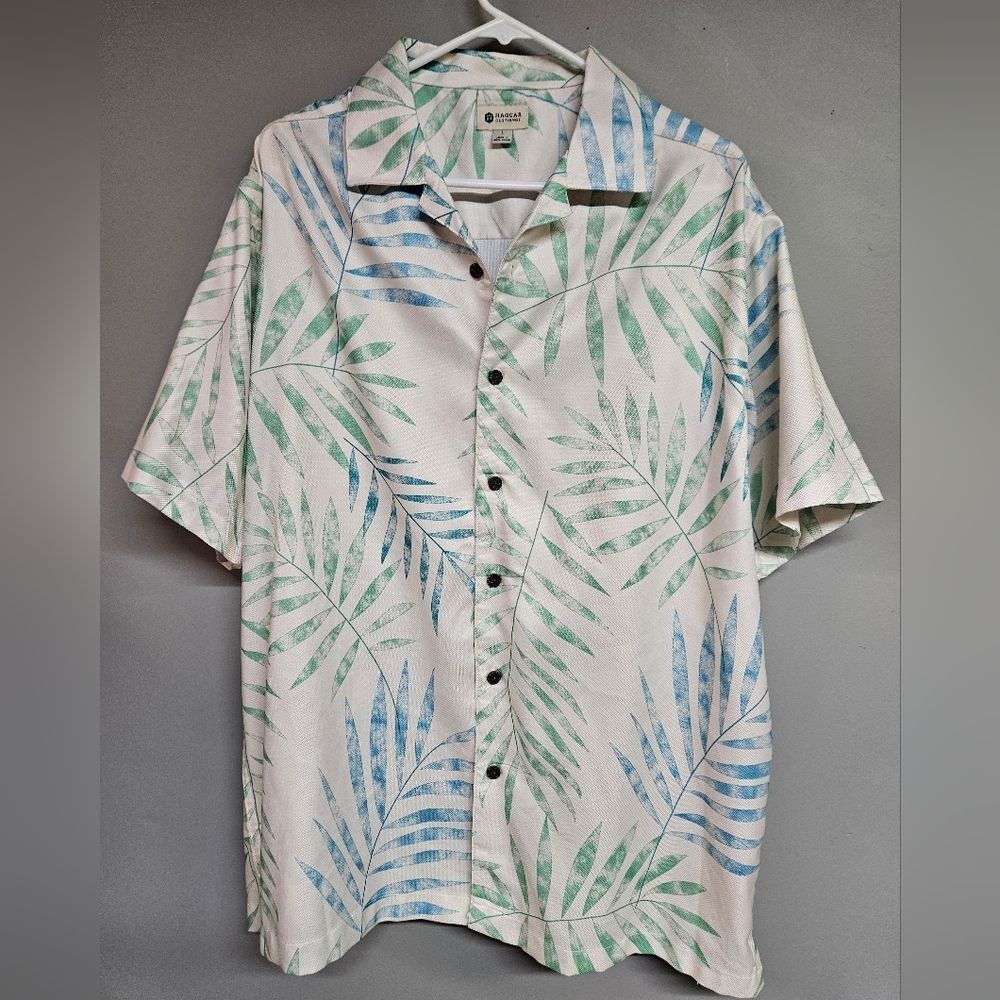 Haggar Tropical Print Polo Men's Large Short Sleeve Blue And Green Leaves